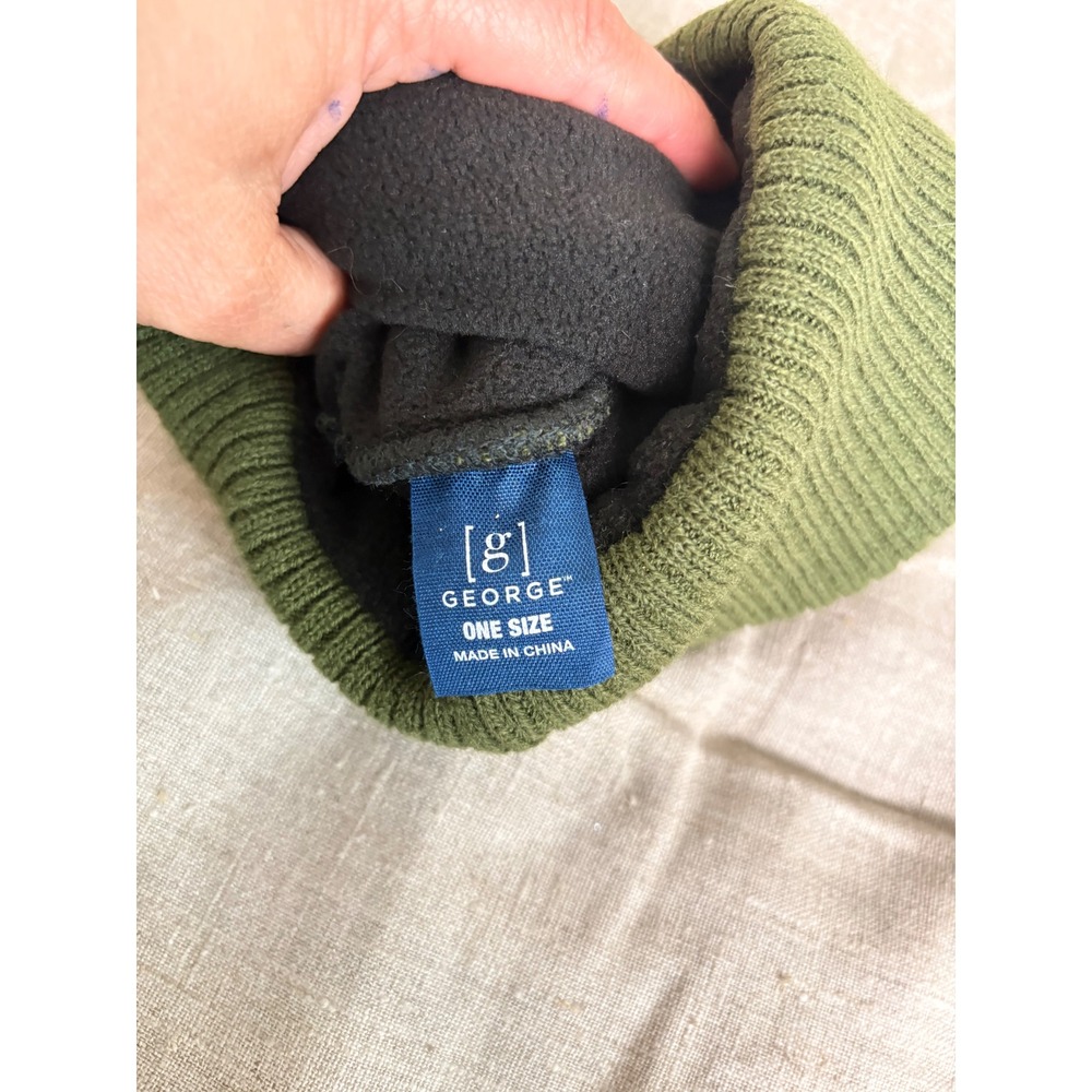 George Mens Olive Green Ribbed Knit Fleece Lined Beanie Hat Pine Tree Patch OS